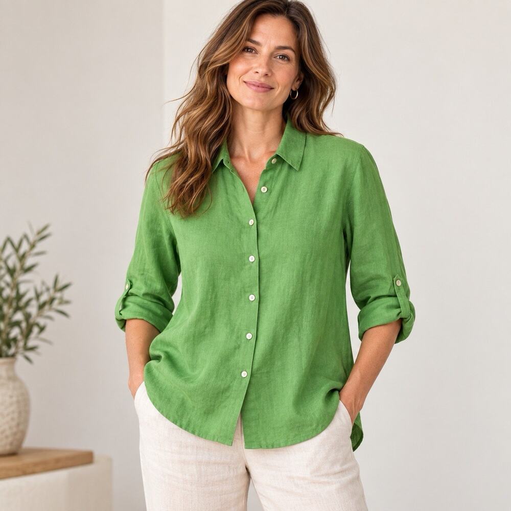 J.Jill Love Linen Women’s Medium Green Button Front Tunic Shirt Roll Tab Sleeve